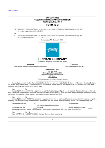 Thumbnail Tennant Company
 10-Q Quarterly Report FY2016 