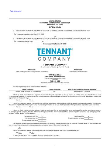 Thumbnail Tennant Company
 10-Q Quarterly Report FY 
