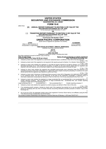 Thumbnail Union Pacific Corporation 10-K Annual Report 2018