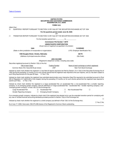 Thumbnail Union Pacific Corporation 10-Q Quarterly Report FY2026 
