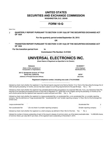Miniature Universal Electronics 10-Q Rapport trimestriel  