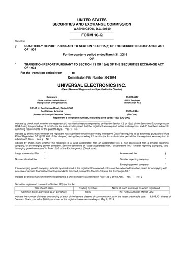 Miniature Universal Electronics 10-Q Rapport trimestriel  