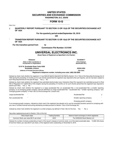 Miniature Universal Electronics 10-Q Rapport trimestriel  