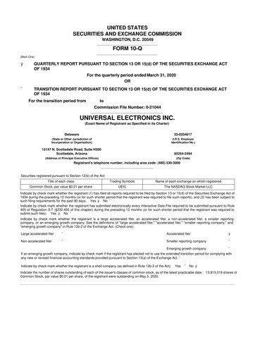 Miniature Universal Electronics 10-Q Rapport trimestriel  