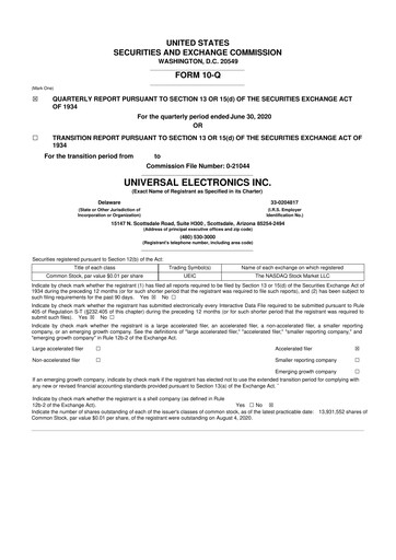 Miniature Universal Electronics 10-Q Rapport trimestriel  