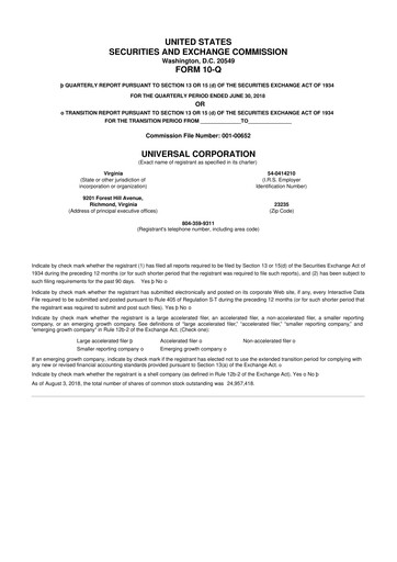 Thumbnail Universal Corporation
 10-Q Quarterly Report FY2019 