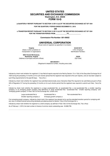 Thumbnail Universal Corporation
 10-Q Quarterly Report FY2019 