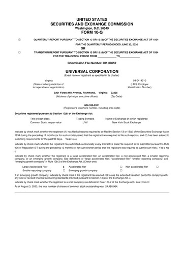Thumbnail Universal Corporation
 10-Q Quarterly Report FY2020 