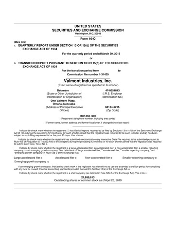 Thumbnail Valmont Industries
 10-Q Quarterly Report FY2018 