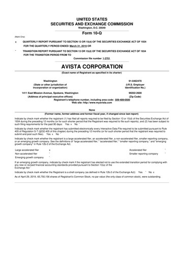 Thumbnail Avista
 10-Q Quarterly Report FY 