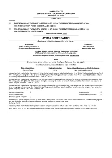 Thumbnail Avista
 10-Q Quarterly Report FY 