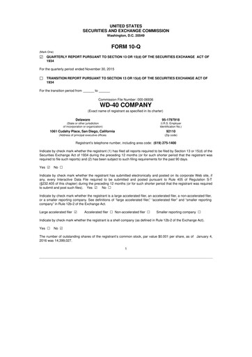 Miniature WD-40 Company
 10-Q Rapport trimestriel 2016 