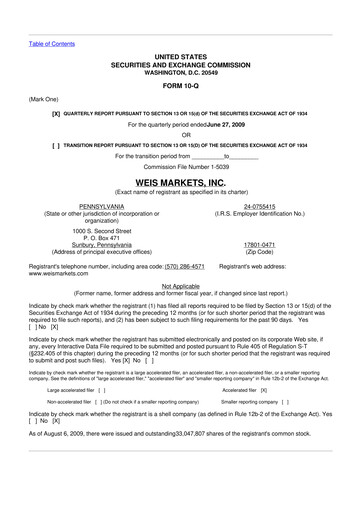 Thumbnail Weis Markets
 10-Q Quarterly Report FY 