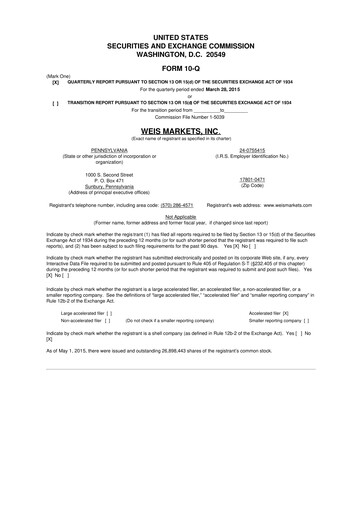 Thumbnail Weis Markets
 10-Q Quarterly Report FY2015 