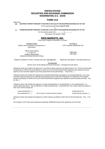 Thumbnail Weis Markets
 10-Q Quarterly Report FY2015 