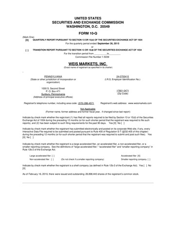 Thumbnail Weis Markets
 10-Q Quarterly Report FY2015 