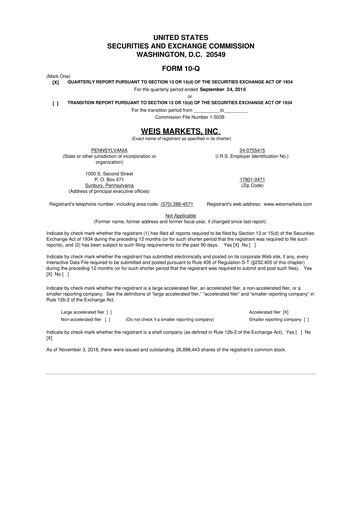 Thumbnail Weis Markets
 10-Q Quarterly Report FY2016 