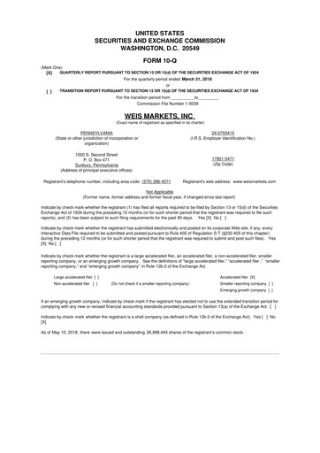 Thumbnail Weis Markets
 10-Q Quarterly Report FY2018 