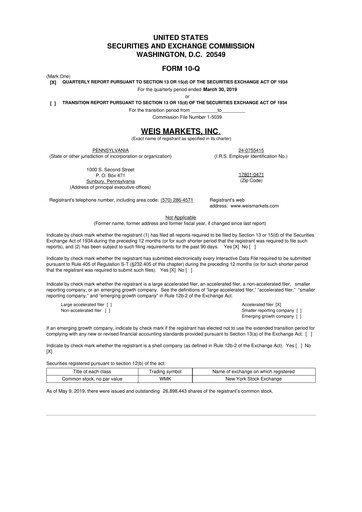 Thumbnail Weis Markets
 10-Q Quarterly Report FY2019 