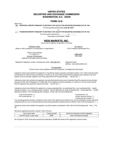 Thumbnail Weis Markets
 10-Q Quarterly Report FY2019 