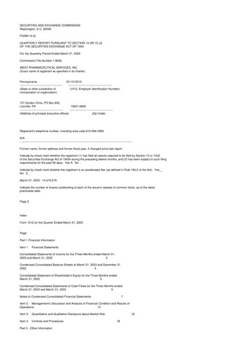 Vorschaubild West Pharmaceutical Services 10-Q Quartalsbericht  