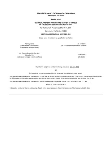 Vorschaubild West Pharmaceutical Services 10-Q Quartalsbericht  