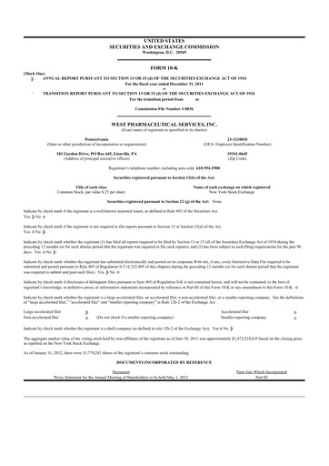 Thumbnail West Pharmaceutical Services 10-K Annual Report 