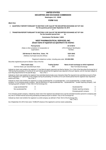Vorschaubild West Pharmaceutical Services 10-Q Quartalsbericht 2019 