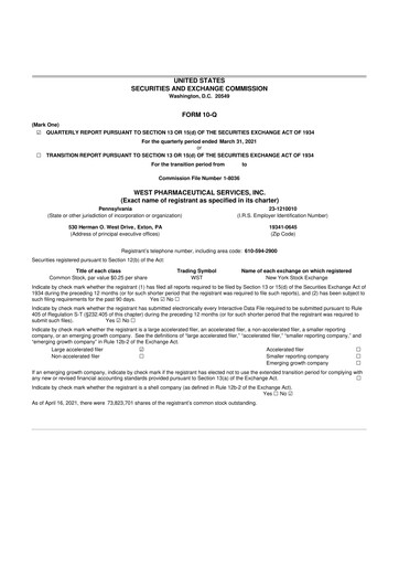 Vorschaubild West Pharmaceutical Services 10-Q Quartalsbericht 2021 