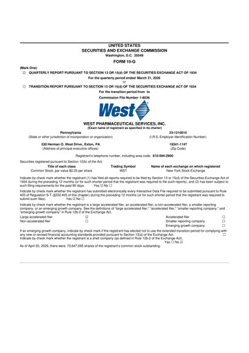 Thumbnail West Pharmaceutical Services 10-Q Quarterly Report FY 