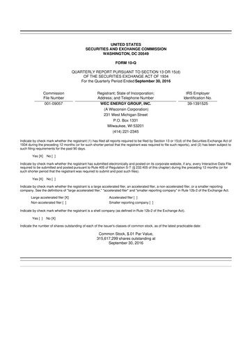 Thumbnail WEC Energy Group 10-Q Quarterly Report FY2016 