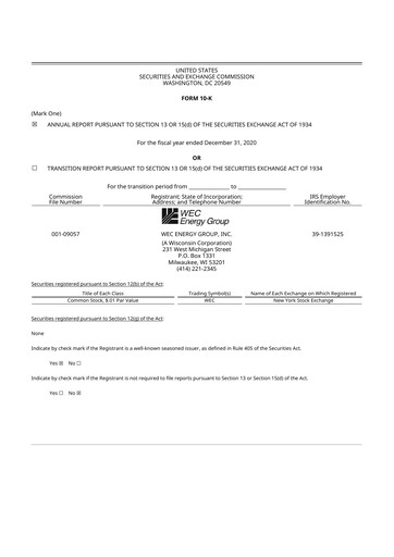 Thumbnail WEC Energy Group 10-K Annual Report 2020