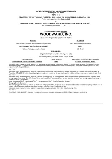 Thumbnail Woodward 10-Q Quarterly Report FY2020 