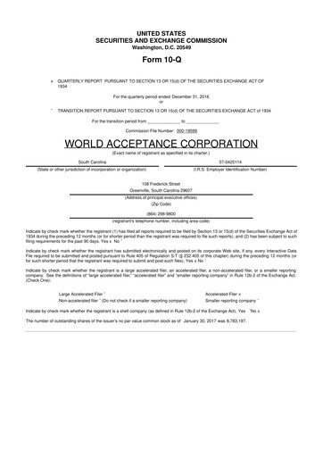 Thumbnail World Acceptance Corporation 10-Q Quarterly Report FY2017 