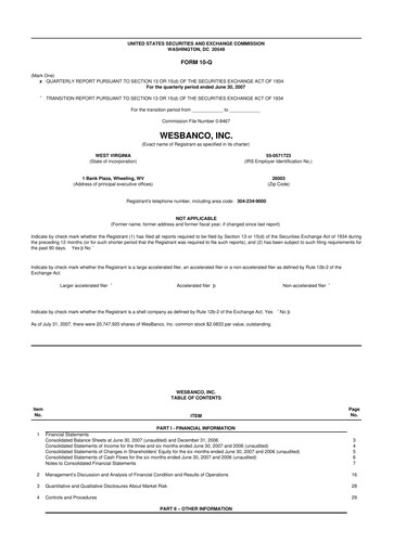 Thumbnail WesBanco 10-Q Quarterly Report FY 