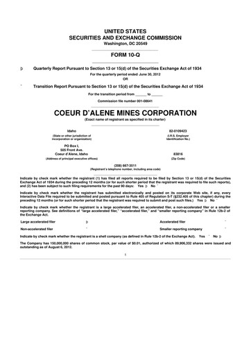 Thumbnail Coeur Mining
 10-Q Quarterly Report FY2012 