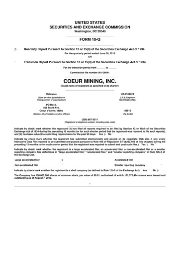 Thumbnail Coeur Mining
 10-Q Quarterly Report FY2013 