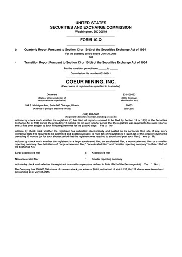 Thumbnail Coeur Mining
 10-Q Quarterly Report FY2015 
