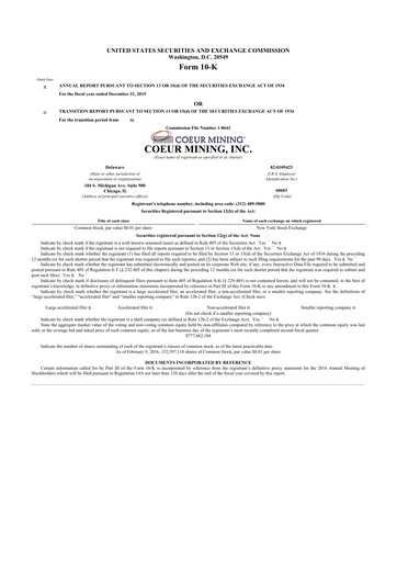 Thumbnail Coeur Mining
 10-K Annual Report 2015