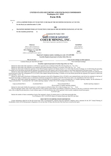 Thumbnail Coeur Mining
 10-K Annual Report 2016