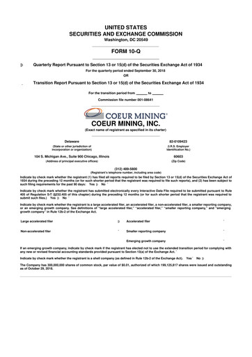 Thumbnail Coeur Mining
 10-Q Quarterly Report FY2018 