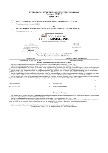 Thumbnail Coeur Mining
 10-K Annual Report 2018