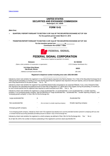 Thumbnail Federal Signal 10-Q Quarterly Report FY2018 