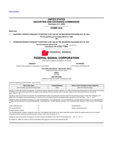 Thumbnail Federal Signal 10-Q Quarterly Report FY2020 
