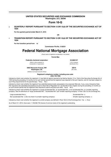 Miniature Fannie Mae
 10-Q Rapport trimestriel 2016 