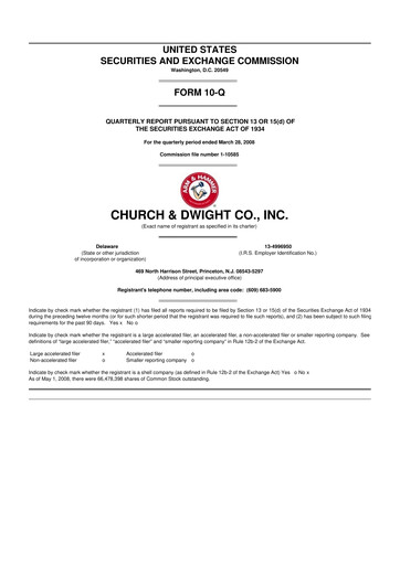 Thumbnail Church & Dwight
 10-Q Quarterly Report FY 