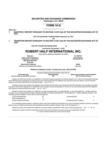 Thumbnail Robert Half 10-Q Quarterly Report FY2021 