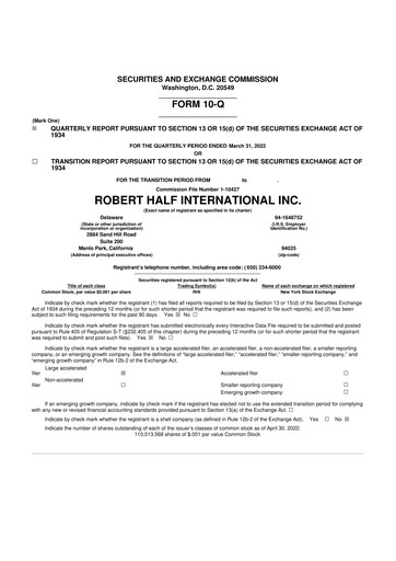 Thumbnail Robert Half 10-Q Quarterly Report FY2022 
