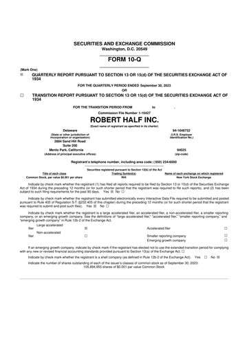 Thumbnail Robert Half 10-Q Quarterly Report FY2023 