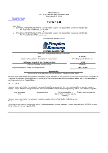 Thumbnail Peoples Bancorp 10-Q Quarterly Report FY 